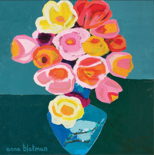 Colorful bouquet of flowers in a blue vase on a teal background, signed 'anna blatman'.
