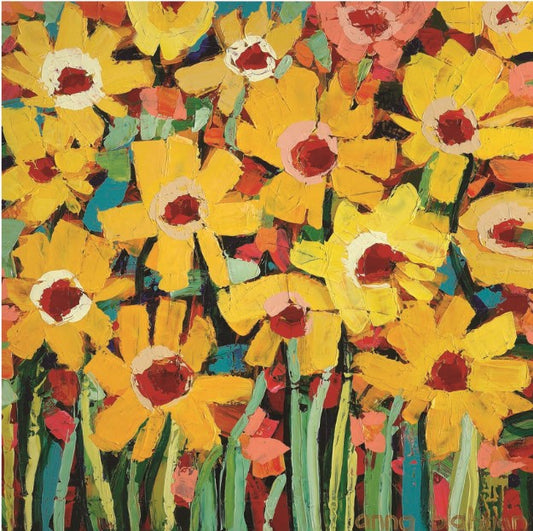 Colorful painting of daffodils with a dark background