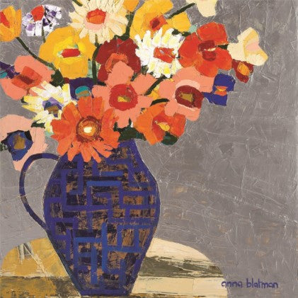 Artistic depiction of a vase with flowers on a textured gray background