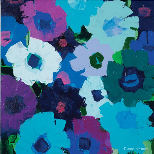 Colorful abstract floral pattern with a signature at the bottom right corner.