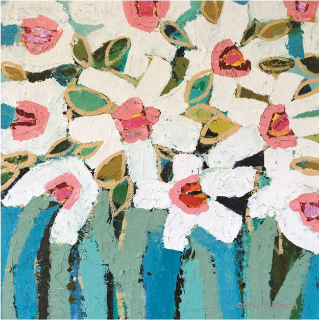 Colorful floral pattern with white flowers, pink centers, and green leaves on a textured background.