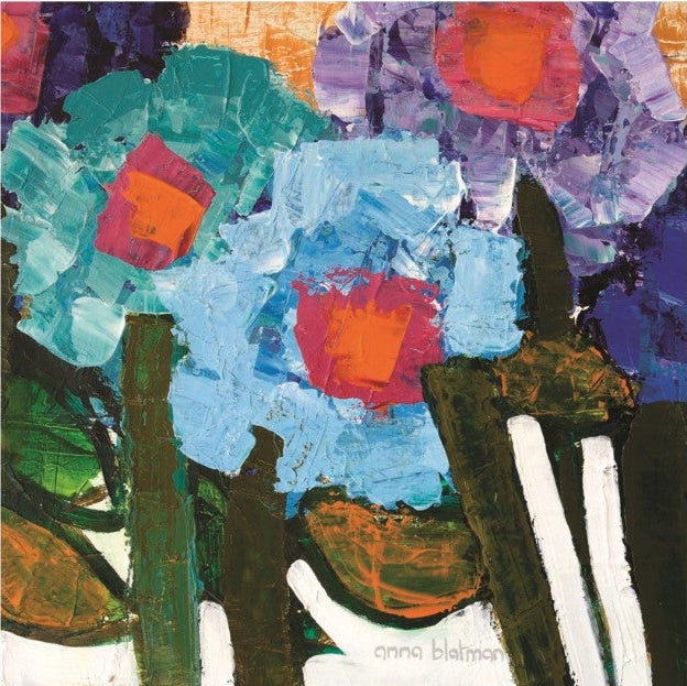 Colorful abstract artwork with trees and geometric shapes