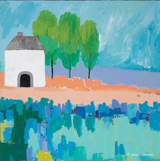 Colorful abstract painting of a house, trees, and fields.