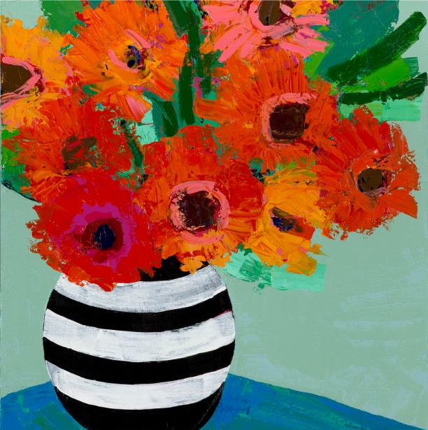 Colorful painting of flowers in a striped vase on a green background