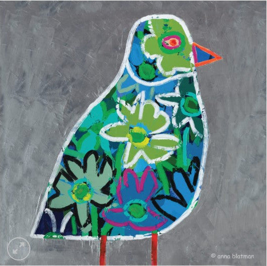 Colorful bird-shaped artwork with floral patterns on a gray background