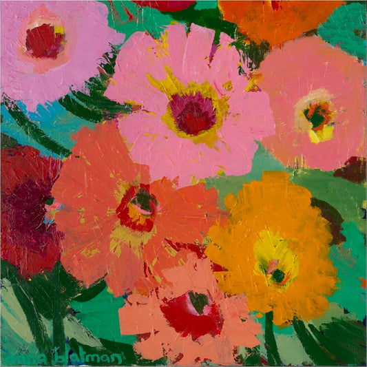 Colorful abstract painting of flowers with vibrant pink, orange, and yellow hues.