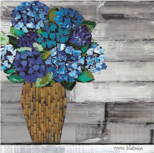 Artistic depiction of blue flowers in a woven vase on a wooden background