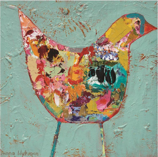 Colorful abstract painting of a bird on a textured teal background