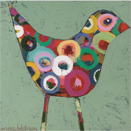 Colorful abstract art of a bird on a green background