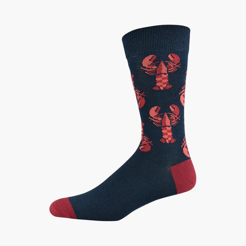 Navy sock with red lobster pattern on a white background
