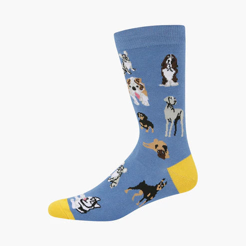 Blue sock with dog patterns on a white background
