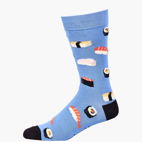 Blue sock with sushi pattern on a white background