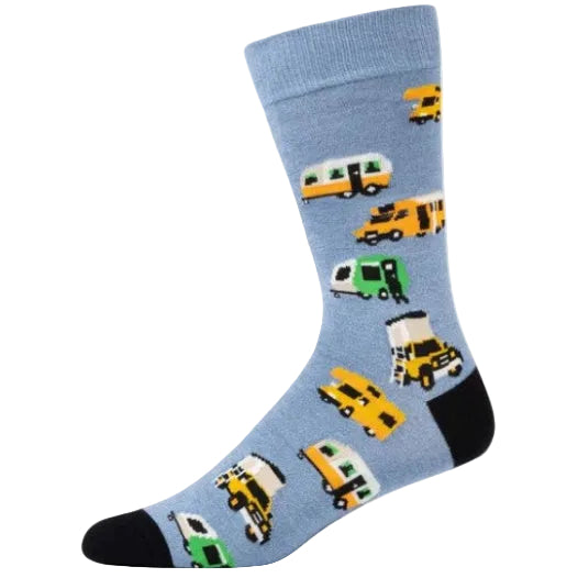 A single light blue crew sock with a pattern of retro camper vans in yellow, green, white, and black, finished with solid black toes and heels.