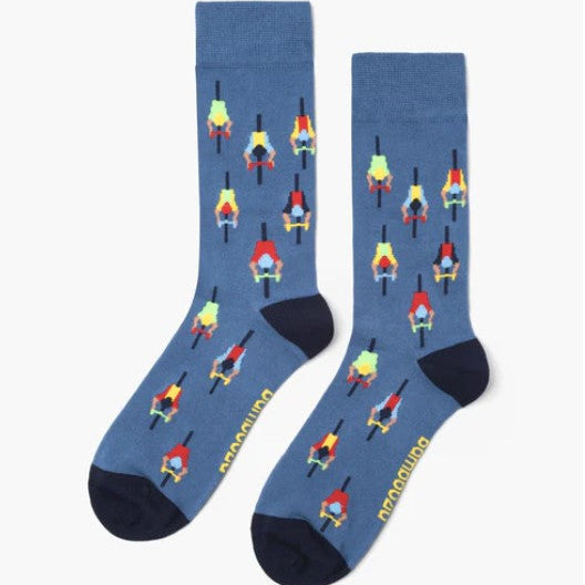 Blue socks with colorful graphic design on a white background