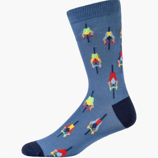 Blue sock with colorful cyclist designs on a white background