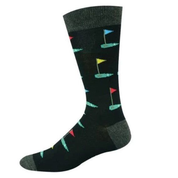 A single crew sock with a black body featuring a pattern of colorful golf flags and green flags, with gray heels, toes, and ribbed cuffs.