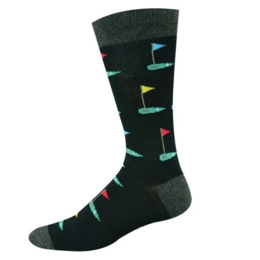 A single crew sock with a black body featuring a pattern of colorful golf flags and green flags, with gray heels, toes, and ribbed cuffs.