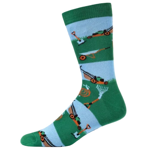 A single crew sock with a green and light blue striped pattern featuring illustrations of lawn care tools like mowers, rakes, and a weed whacker, shown on a plain white background.