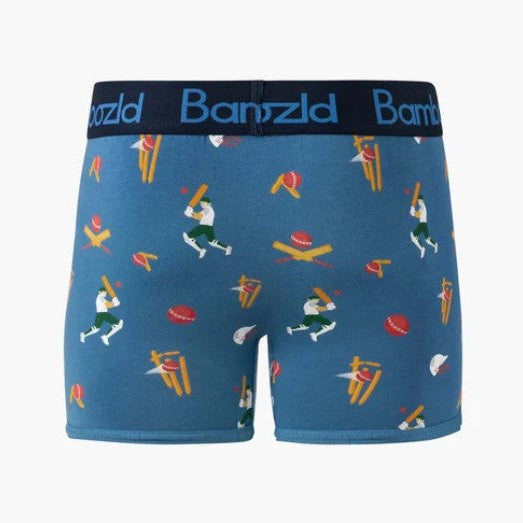 Blue patterned trunks with a black waistband featuring the brand name 'Barnzd' in light blue. The fabric has an all-over print of cricket players, bats, stumps, and balls in yellow, red, green, and white.