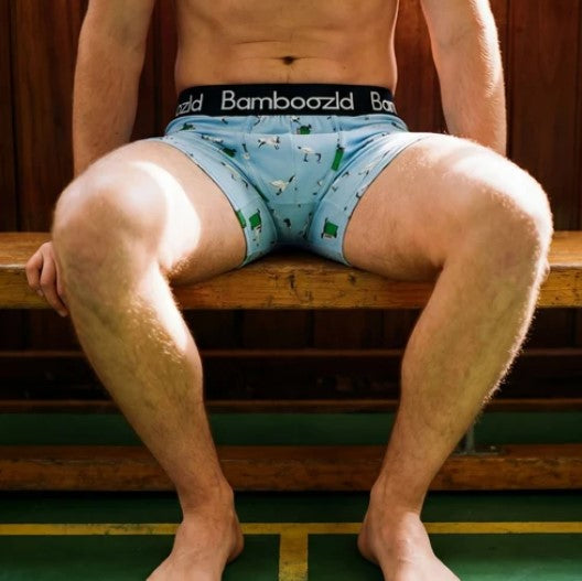 A man sitting on a wooden bench wearing light blue patterned boxer briefs with a black elastic waistband printed with the brand name 'Bamboozld'.