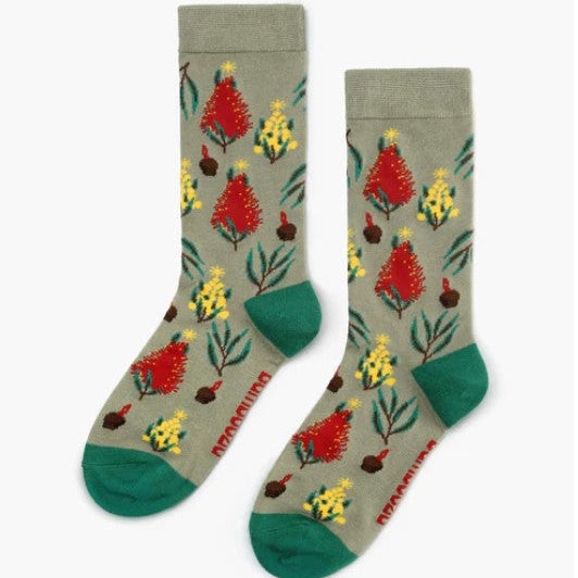 Pair of socks with floral pattern on a white background
