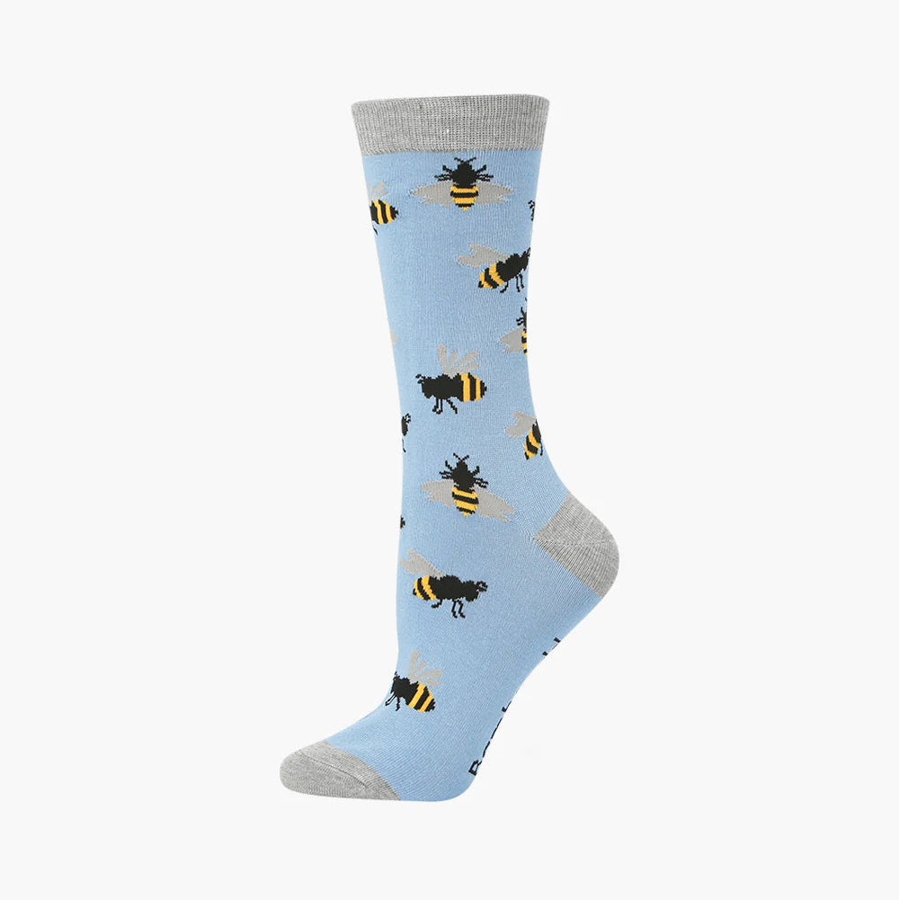 Light blue sock with bee pattern on a white background