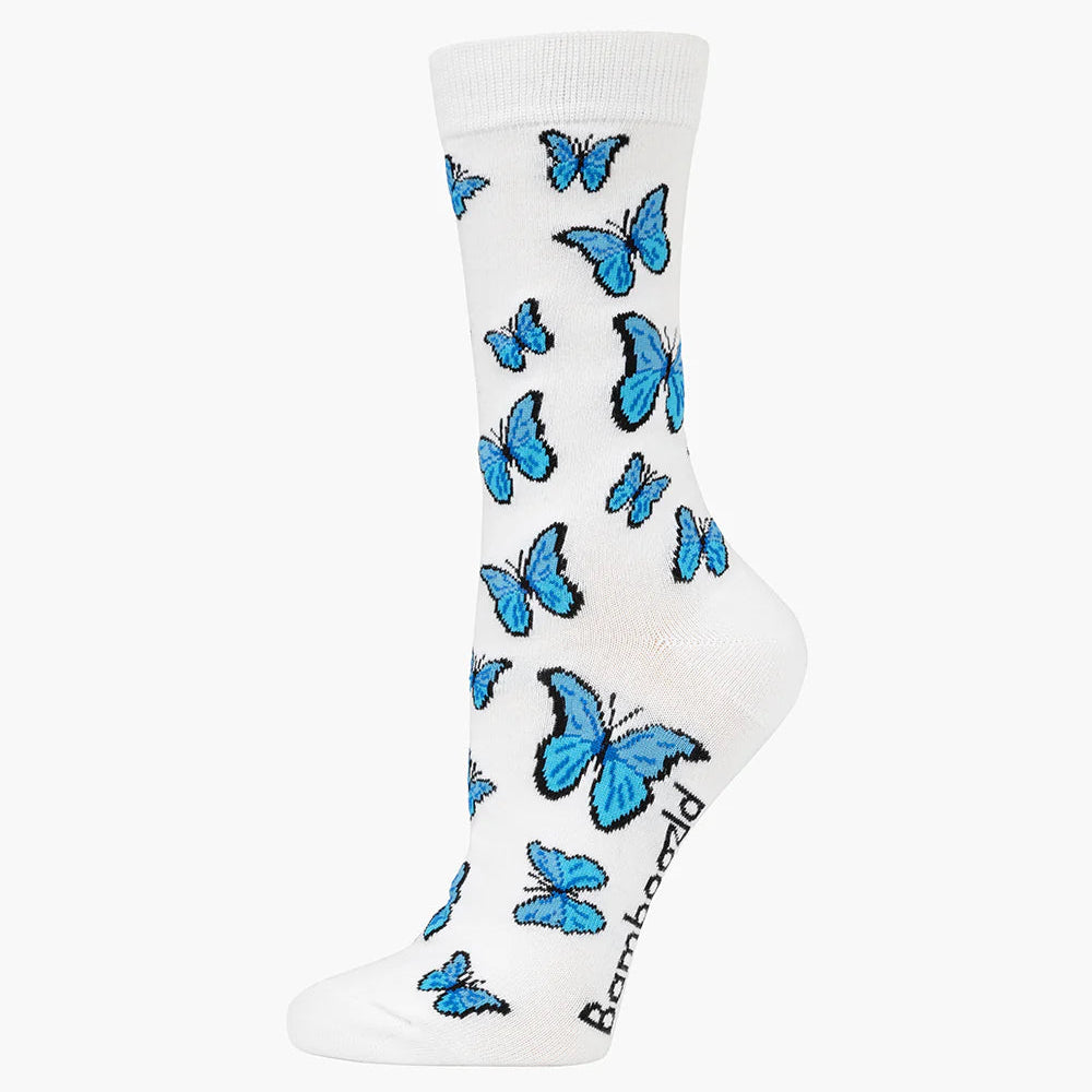 White sock with blue butterfly pattern on a white background