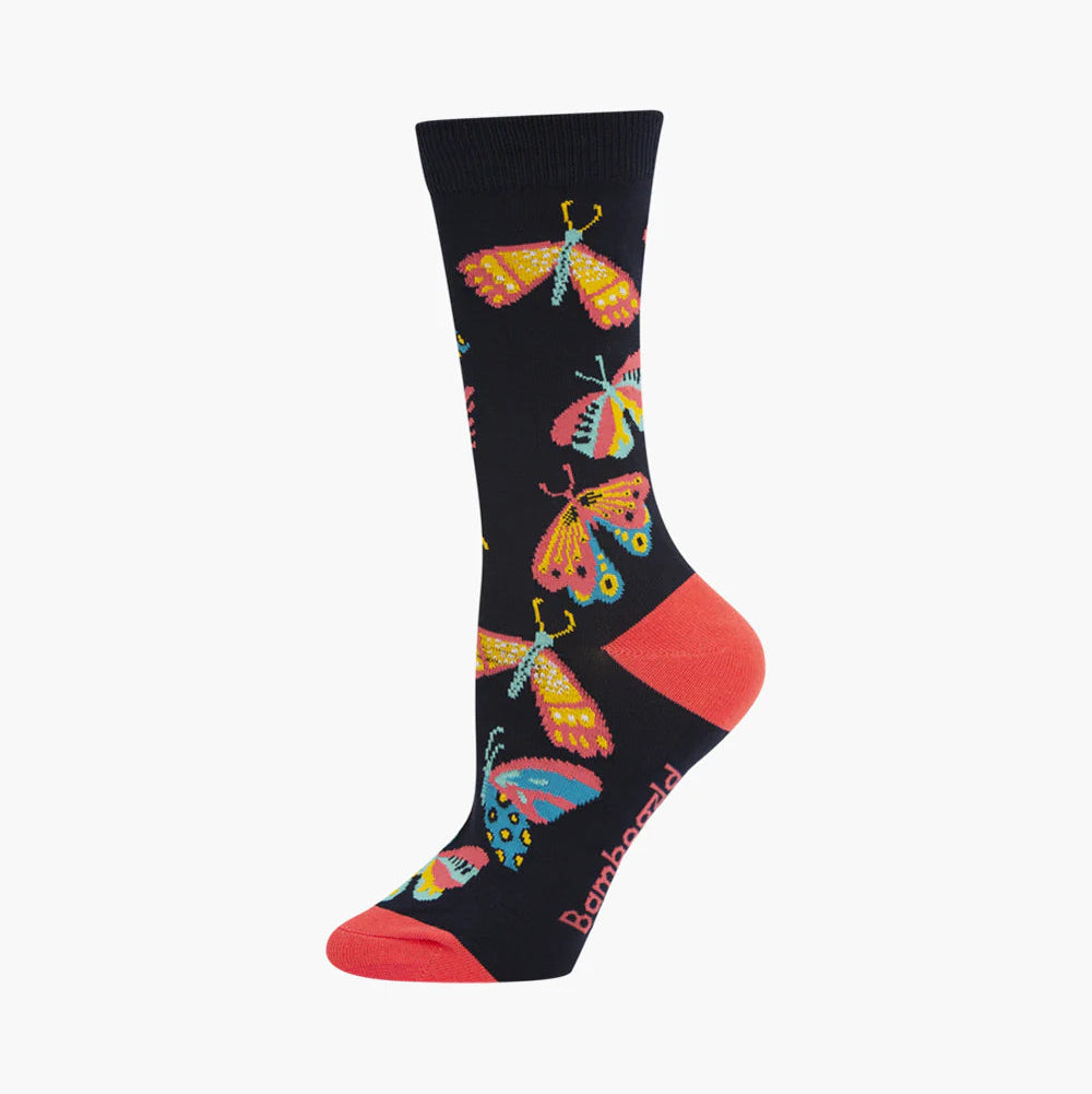 Black sock with colorful butterfly design on a white background
