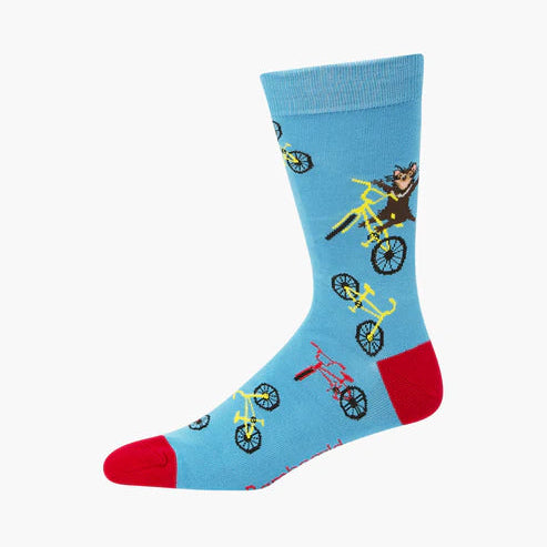 Blue sock with bicycle pattern on a white background