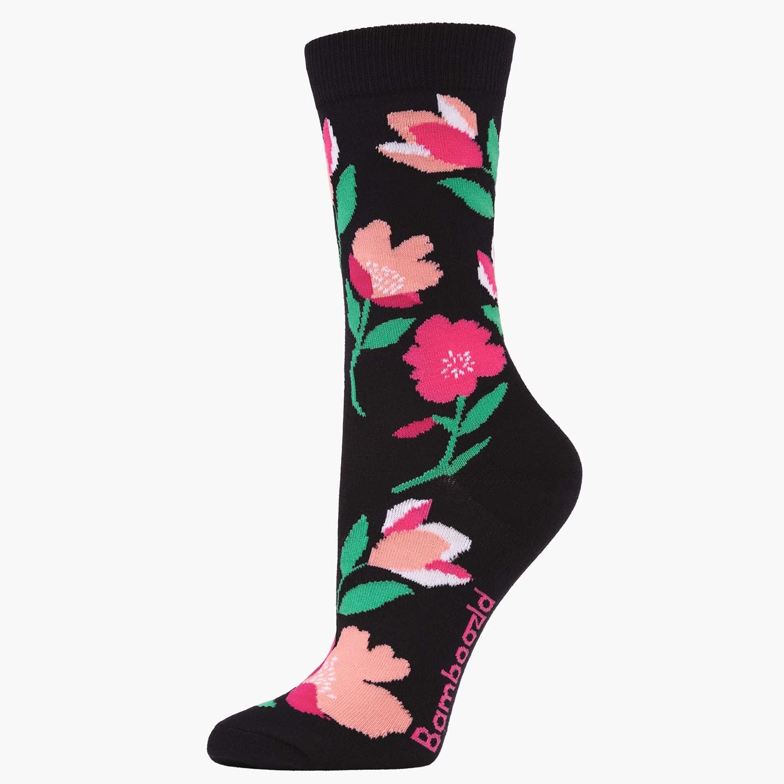 Black sock with pink floral design on a white background