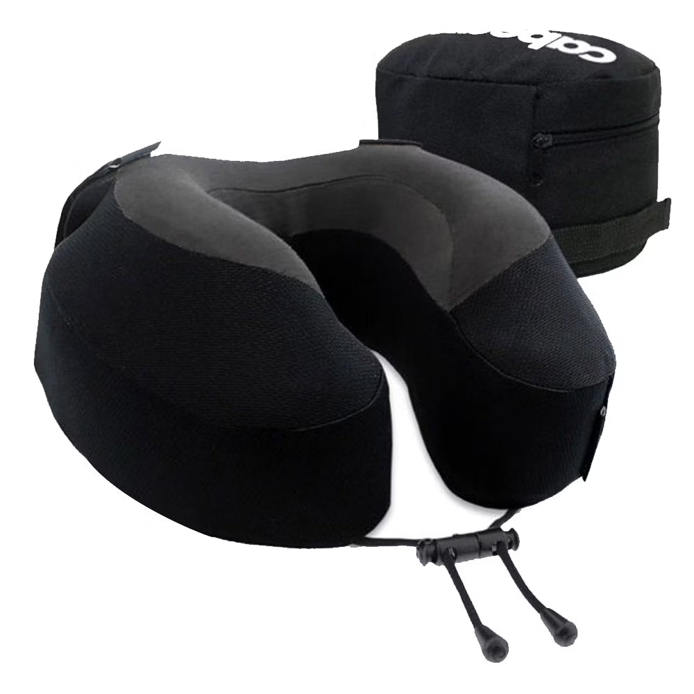 Black travel neck pillow with carrying case on a white background
