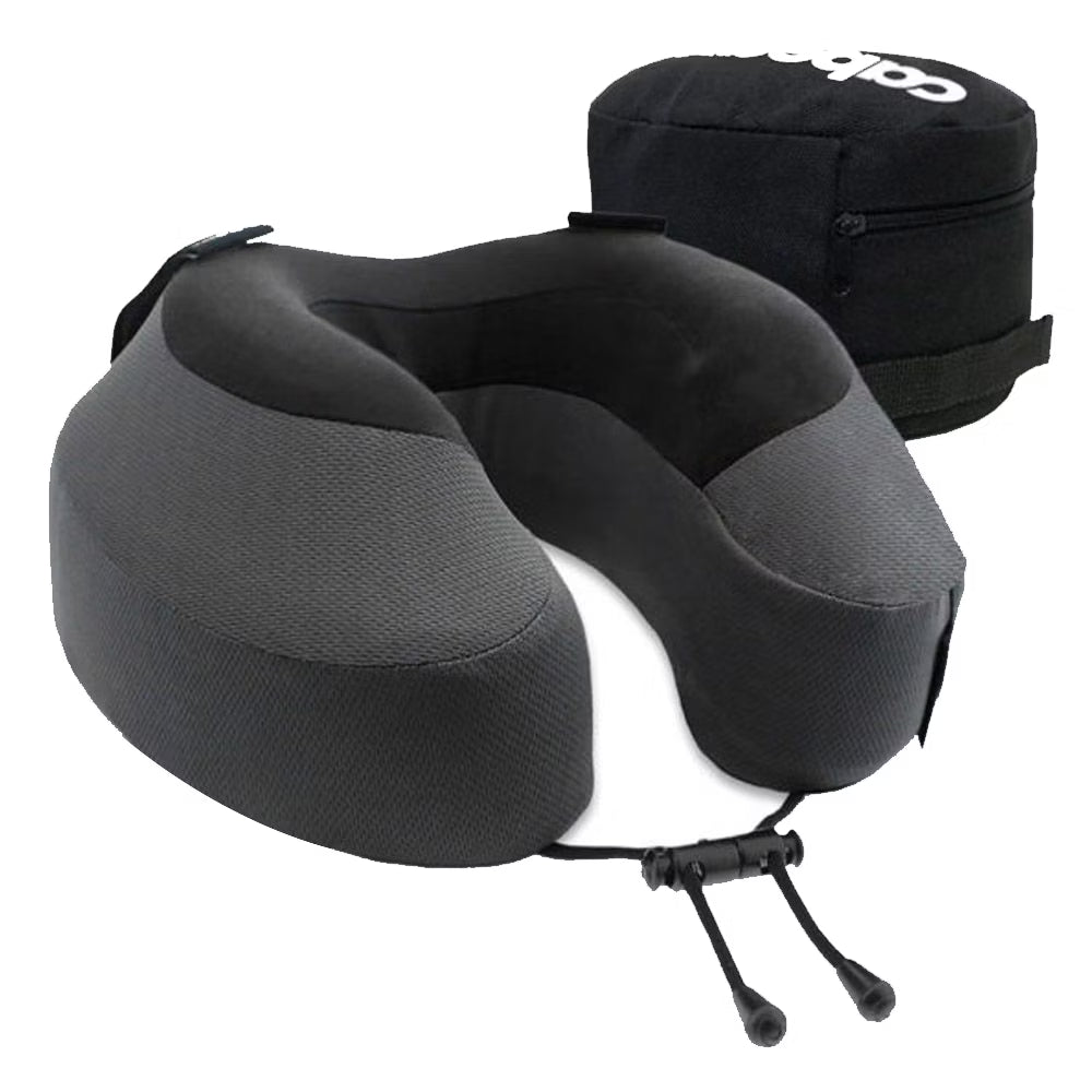 Gray travel neck pillow with black carrying case on a white background