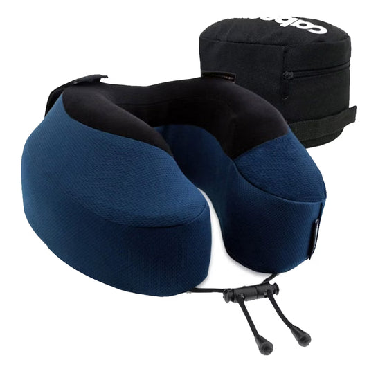 Blue travel neck pillow with black straps and a black carrying case on a white background