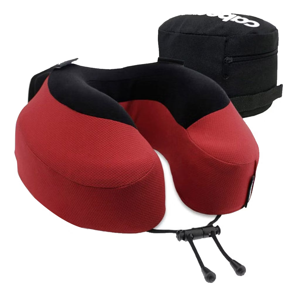 Red travel neck pillow with black accents and a matching carrying case on a white background