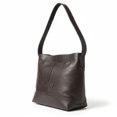 Black leather shoulder bag on a white background