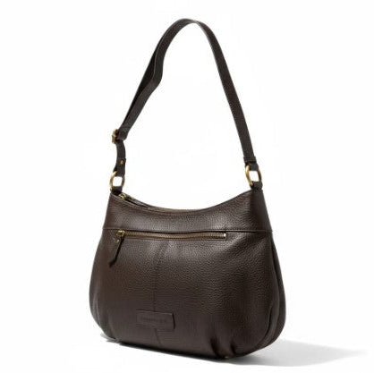 Black leather handbag with gold zippers on a white background
