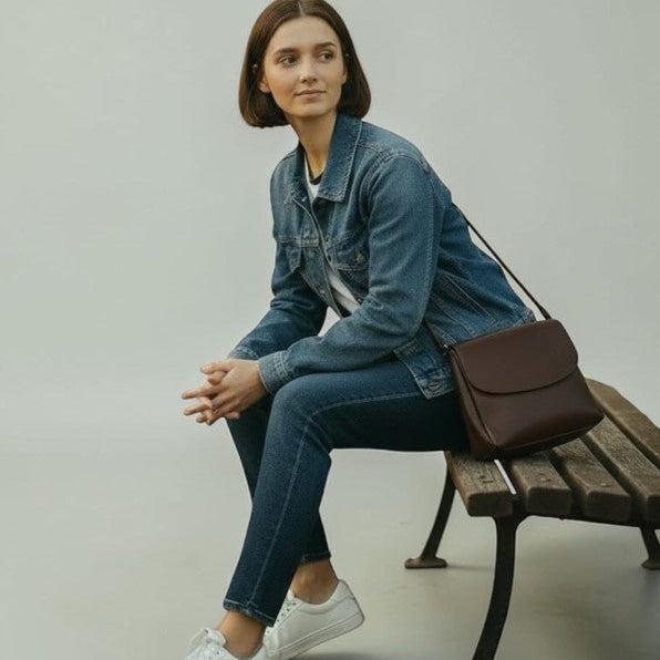 Woman sitting on a bench wearing a denim jacket and jeans, holding a black leather bag.