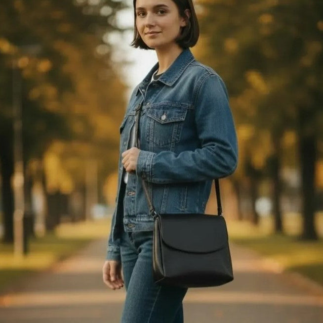 Woman in a denim jacket holding a black handbag in a park setting