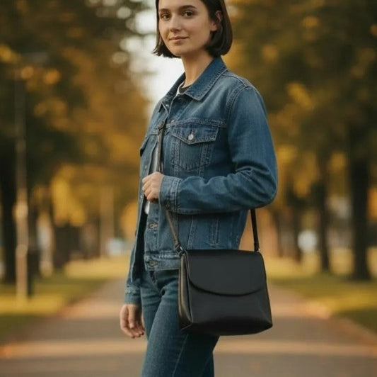 Woman in a denim jacket holding a black handbag in a park setting