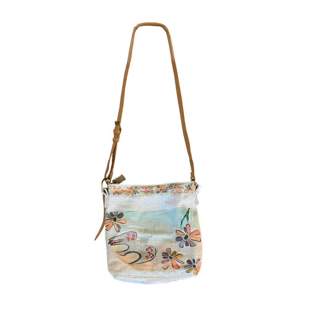 Rancho Flower Dove Cross Body Linen Bag with Original Artwork and Secure Zipper Closure.