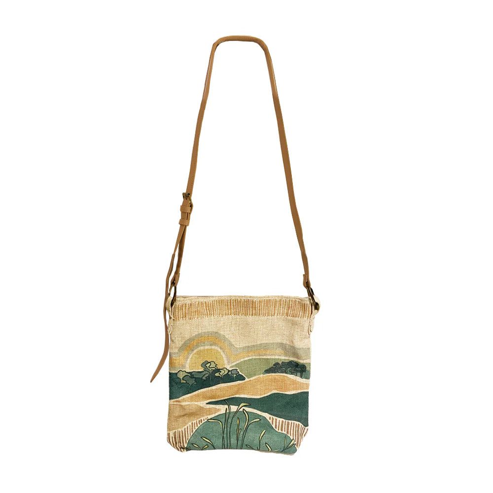 Rancho Rising Cross Body Linen Bag with Original Artwork and Secure Zipper Closure.