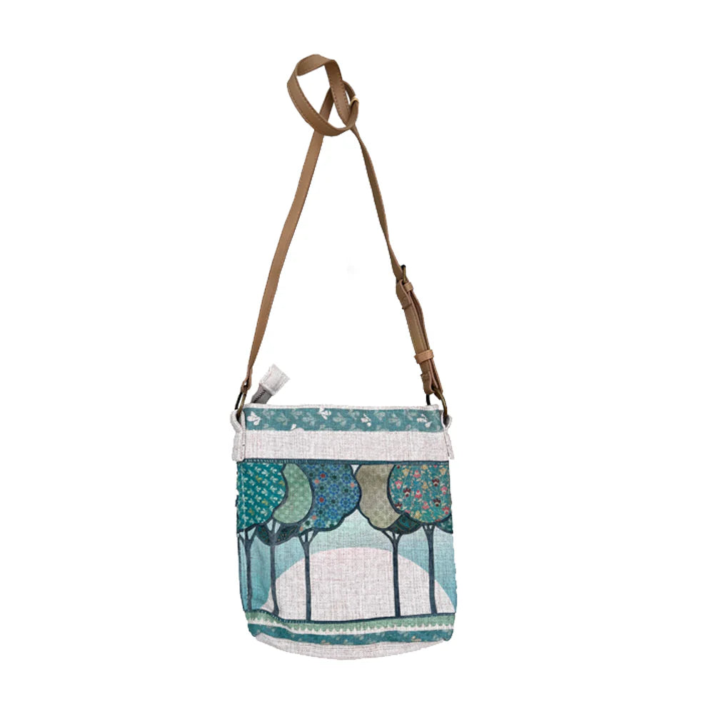 Rancho Sun up Cross Body Linen Bag with Original Artwork and Secure Zipper Closure.