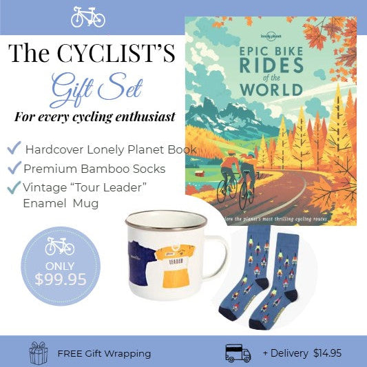 CYCLIST'S Gift Set with Lonely Planet book, bamboo socks, and enamel mug on a blue background