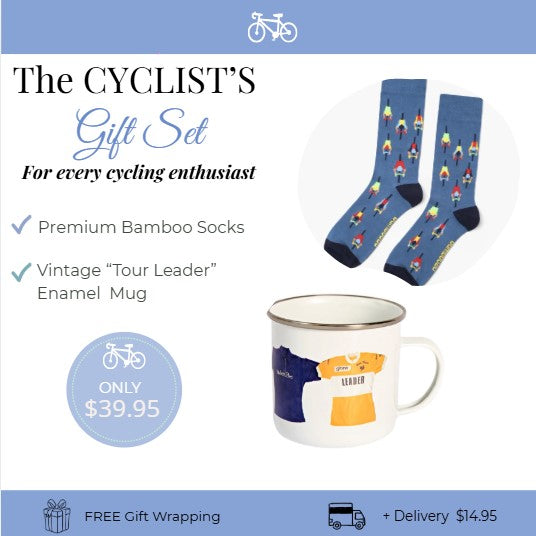Cyclist's gift set with bamboo socks and enamel mug on a blue background