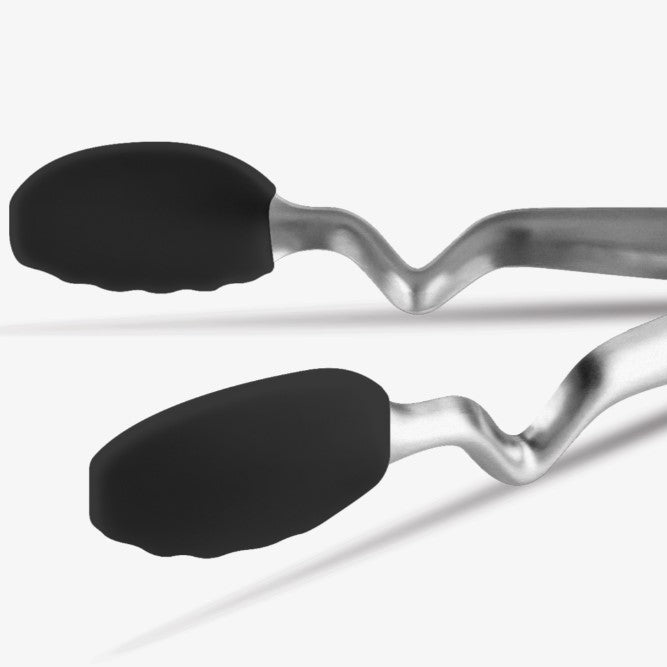 Close-up of a pair of metal tongs with black rubberized grip ends, shown on a clean white background.