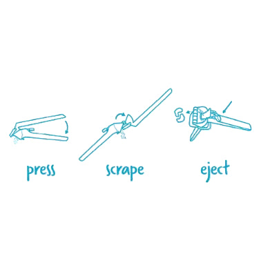 A simple line drawing on a white background showing three steps in use: press, scrape, and eject, with blue text labels and arrows indicating the actions.