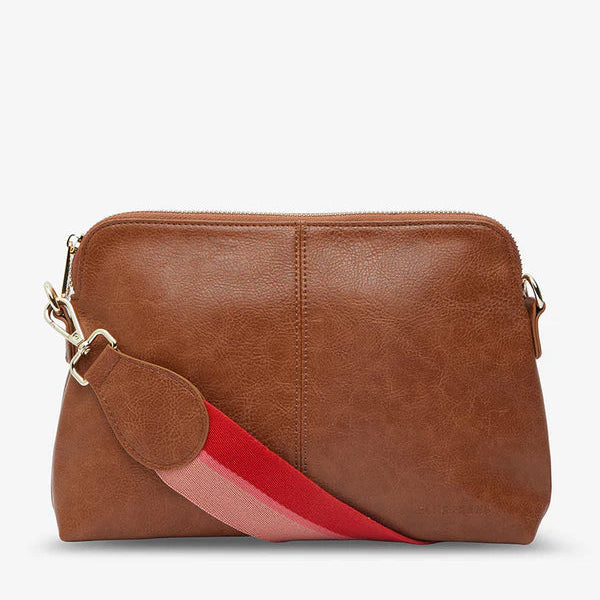 Detachable PU crossbody strap and wide striped cotton strap for Burbank Crossbody Large.  With wide strap on Tan Pebble.