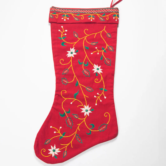 Red Christmas stocking with floral patterns on a white background