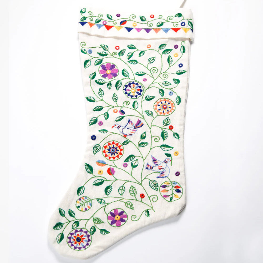 Decorative stocking with floral and butterfly patterns on a white background