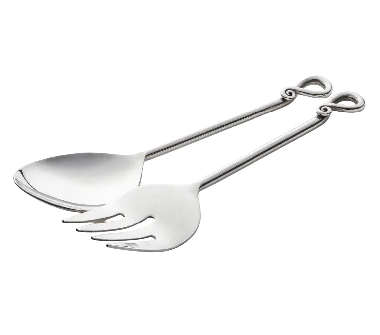 A stainless steel serving spoon and fork with long handles and infinity-shaped loop ends, photographed on a clean white background.